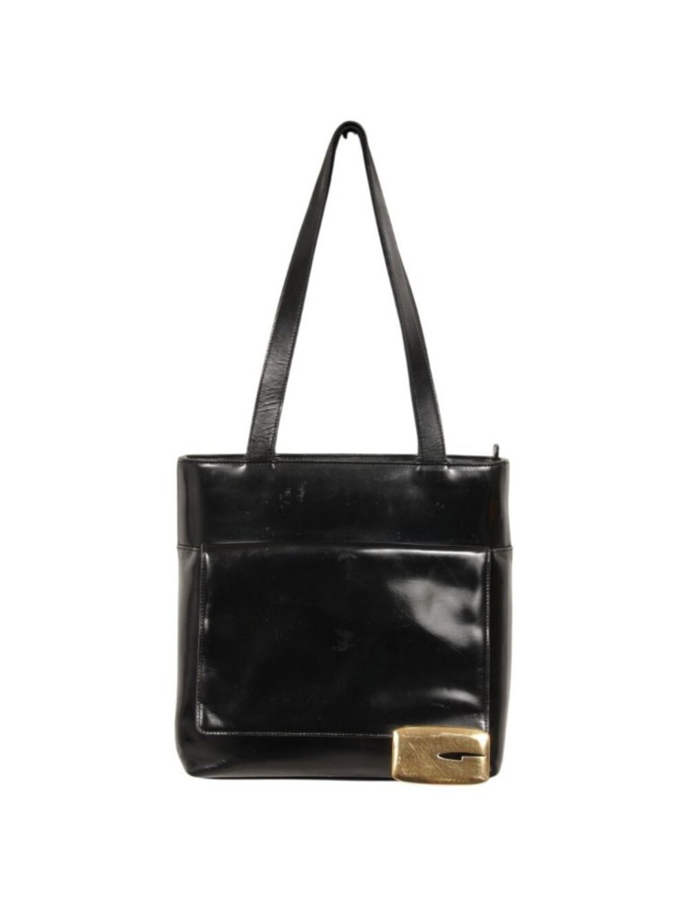 Gucci Vintage Shoulder Tote Bag Black Calf Box Leather Gold Metal G Logo